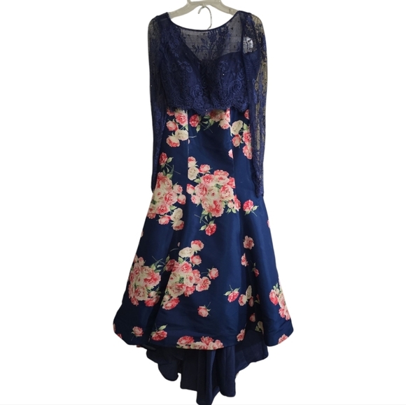 Sherri Hill Navy Floral Lace Evening Gown 2-piece Set 4 Prom Formal Homecoming - Picture 2 of 10